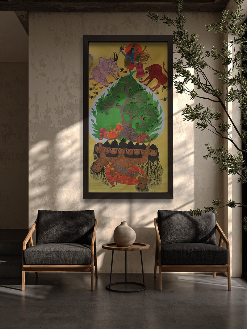 The Divine Tree of Life: Lord Shiva and Goddess Parvati in Gond by Sandeep Dhurve for sale