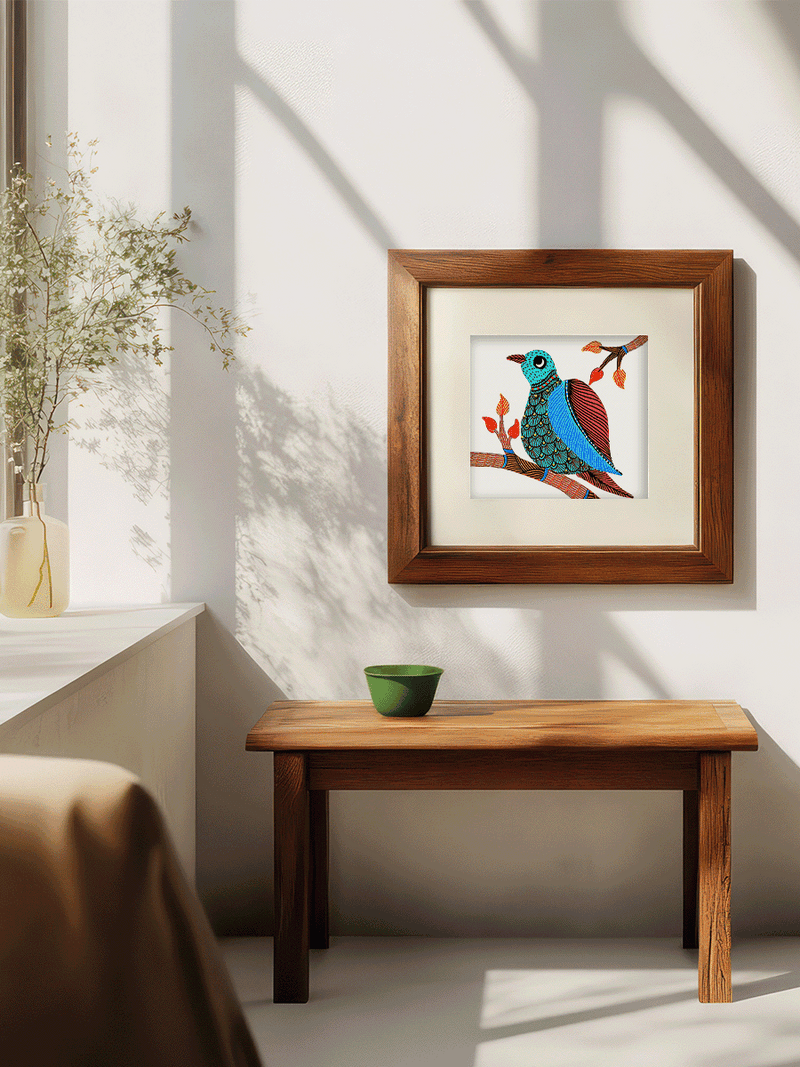 The Evergreen Vibrance: Bird on a Tree in Gond by Kailash Pradhan for sale