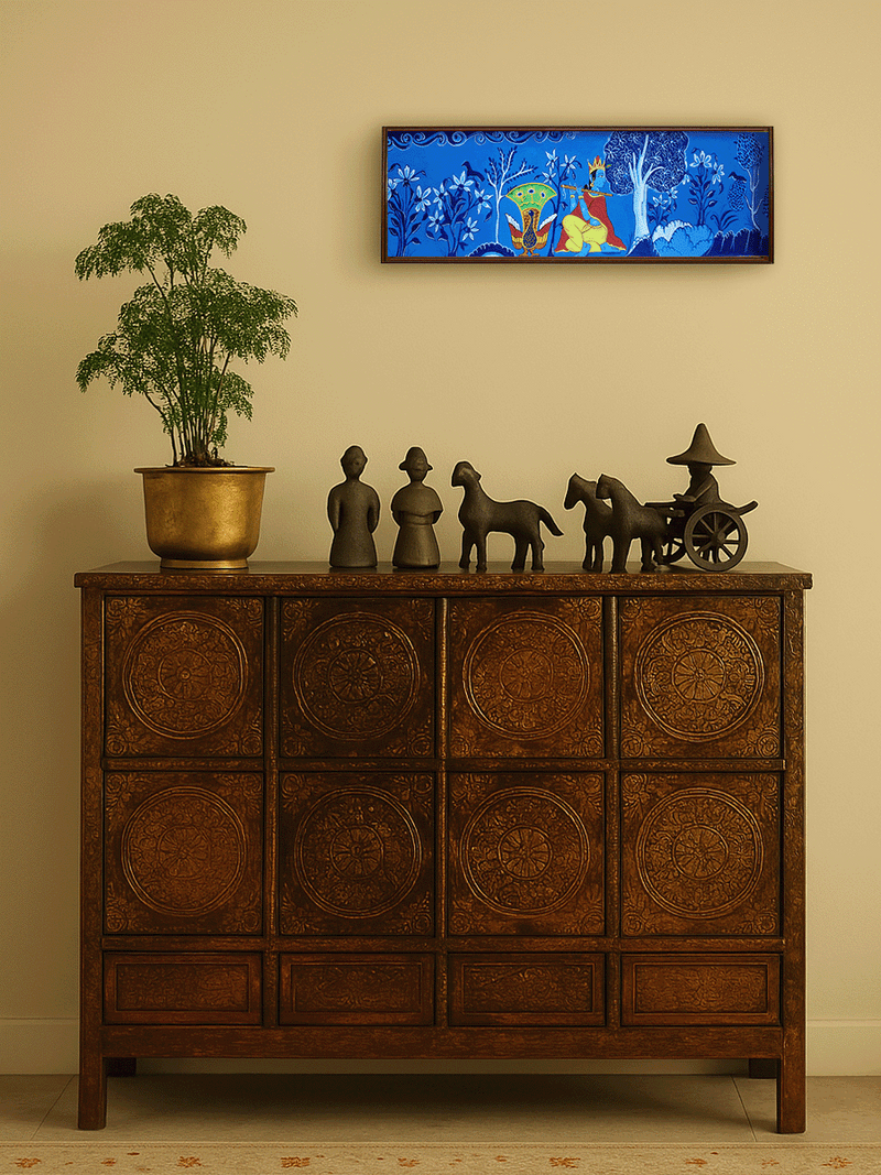 The Nature's Splendour: Lord Krishna amidst Nature in Manuscript painting by Sujit Das for sale