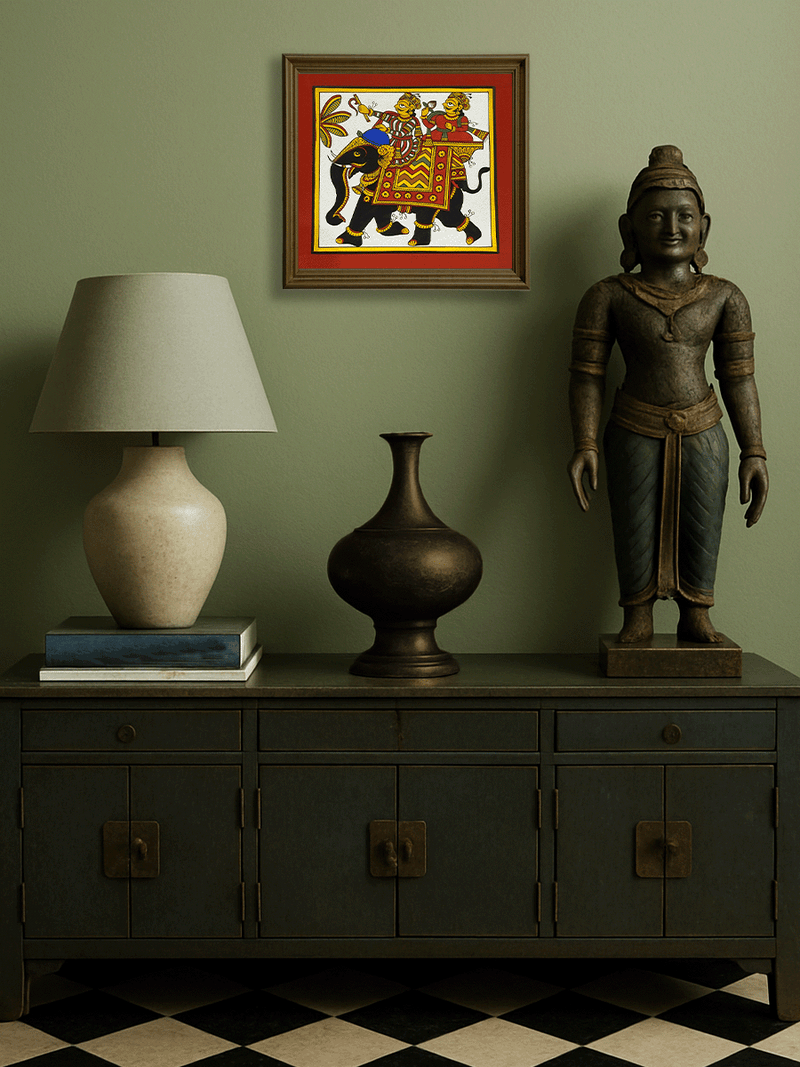 The Royal Journey: Men and Elephant in Phad Painting by Kalyan Joshi for sale
