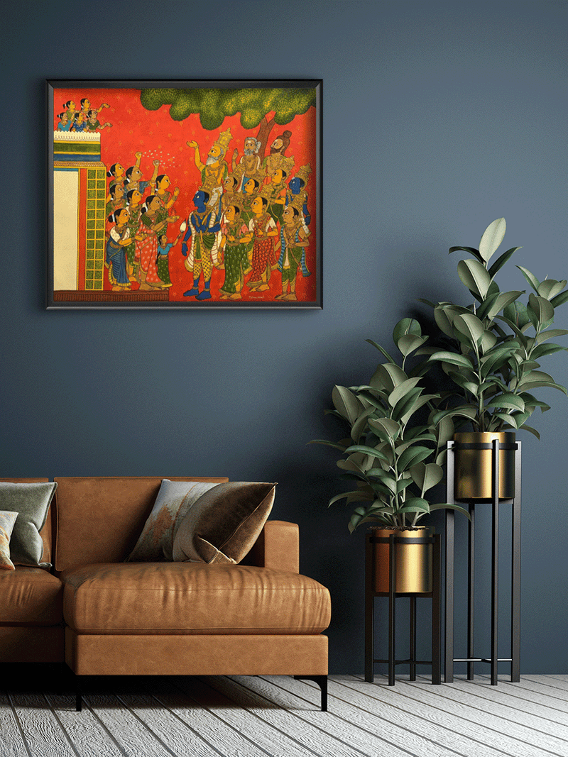 The Royal Welcome: A Ramayana Scene in Cheriyal art by D. Vinay Kumar for sale