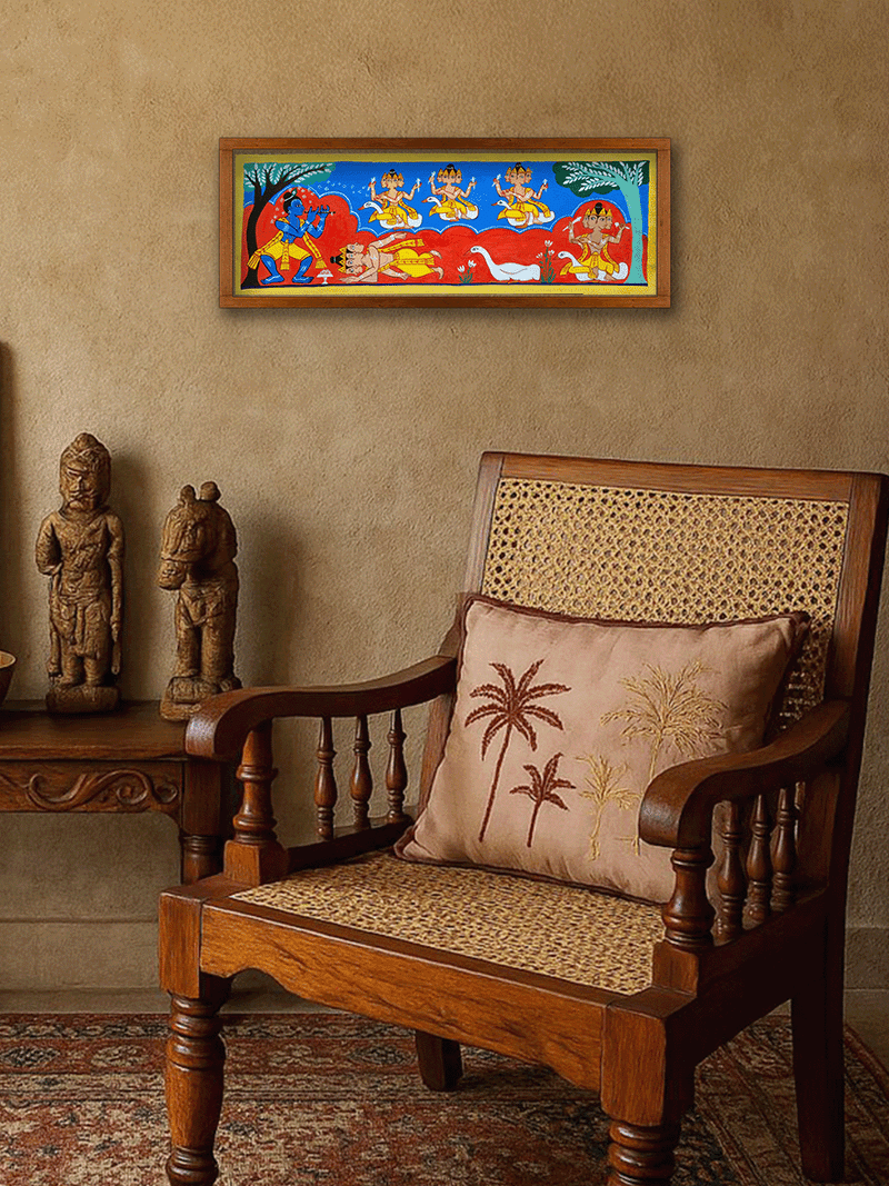 The Story of Multiple Brahmas: Lord Brahma worshipping Lord Krishna as the Supreme God in Manuscript Painting by Sujit Das for sale