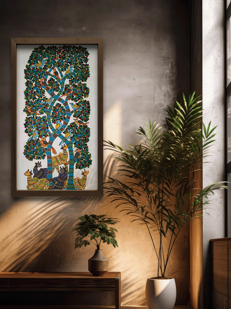 The Thriving Life: Trees, Deer and Birds in Gond Painting by Choti Tekam for sale
