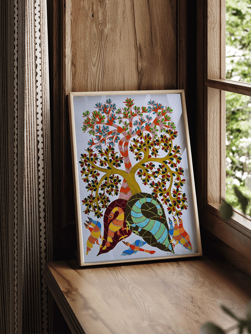 The Tree of Life with Birds in  Gond by Saroj Venkat Shyam for sale