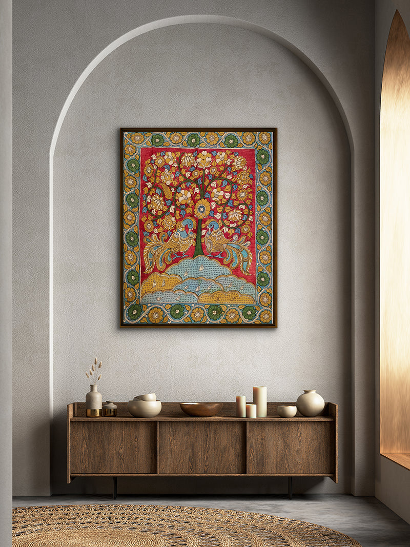 The Tree of Life with Peacocks in Kalamkari by Mannasamudram Viswanath Reddy for sale