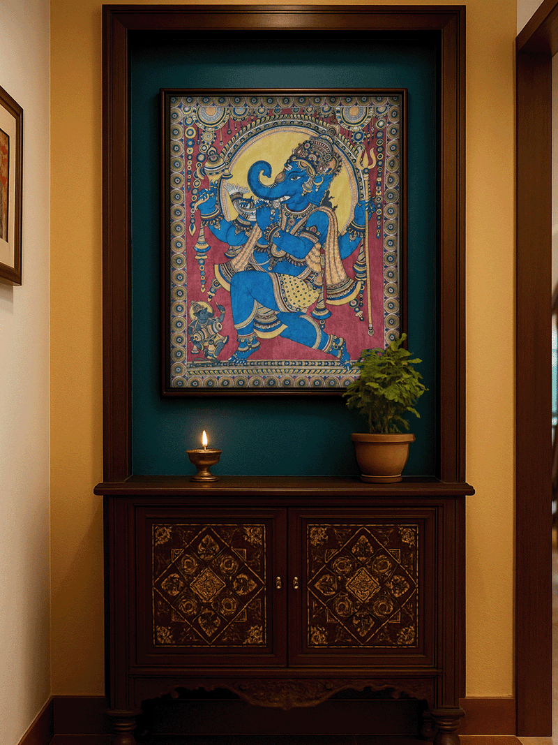 The Vibrations of the Conch: Lord Ganesha in Kalamkari by Harinath N. for sale