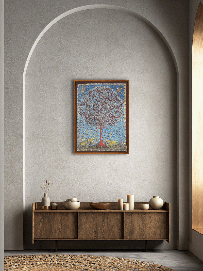 Tree of Life Tiger and Deers in Mata Ni Pachedi by Vasant Manubhai Chittara for sale