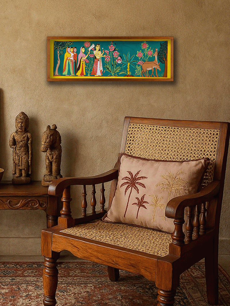 Usha with Attendants in Garden: A Manuscript Painting by Sujit Das for sale