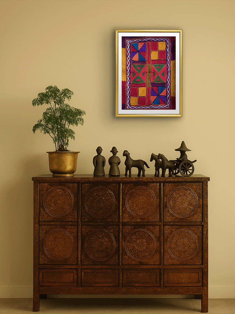 Vibrant Geometry: Lines, Triangles, and Squares in Banjara Embroidery by Sapavat Siddu for sale