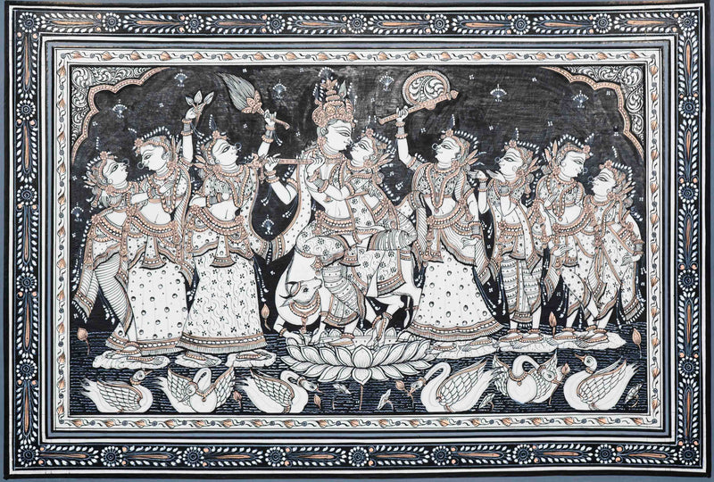 Exquisite Artwork: Radha Krishna Rasleela Pattachitra Painting Available in Our Shop.