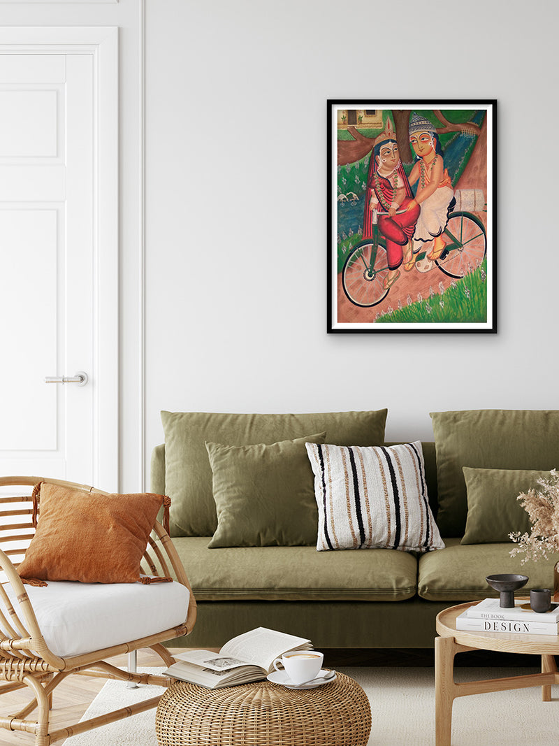 Couple's Loving Ride: Kalighat Art by Bapi Chitrakar