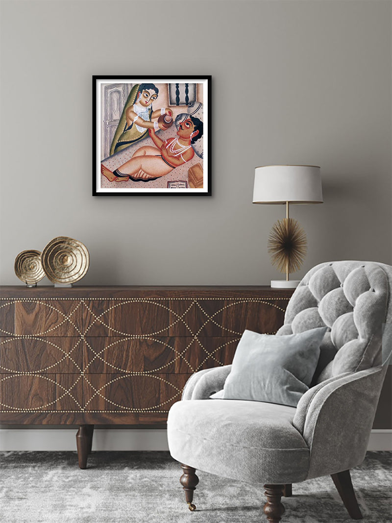 Daily Devotion of couple: Kalighat Art by Bapi Chitrakar
