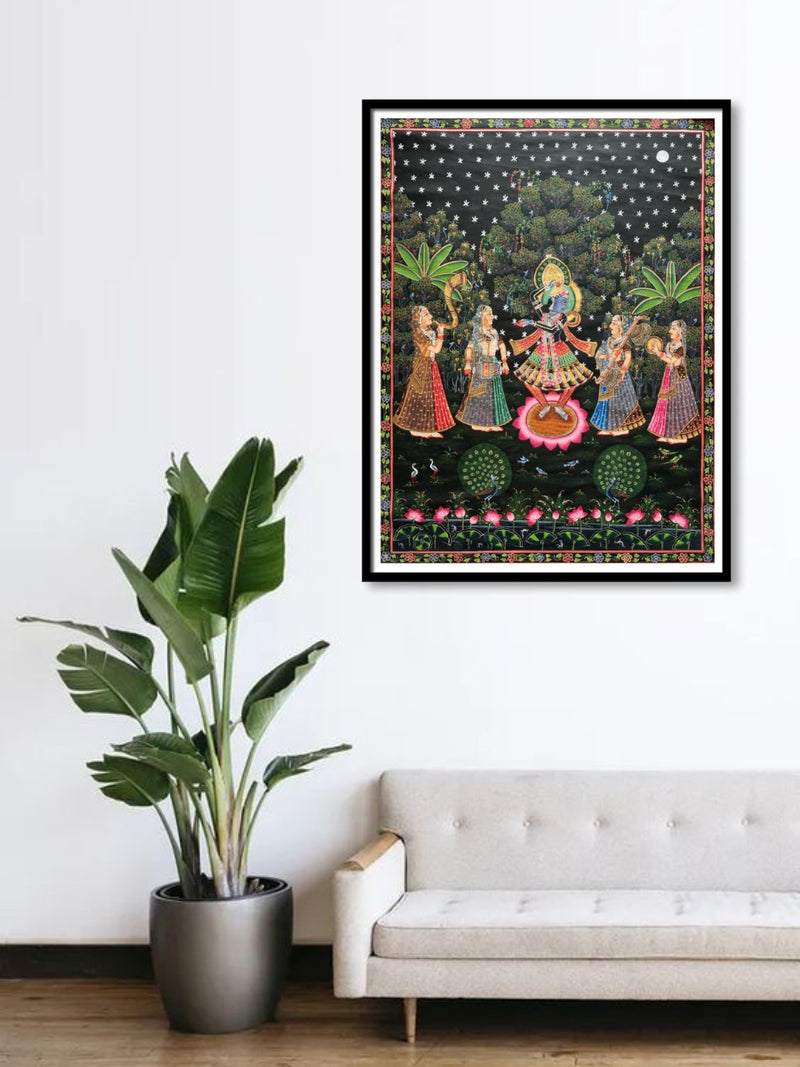 Lord Krishna worshipped by Gopis in Pichwai by Naveen Soni