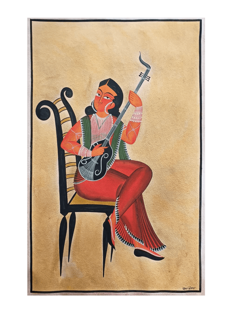 The Woman in Red Saree: Kalighat painting by Uttam Chitrakar for Sale