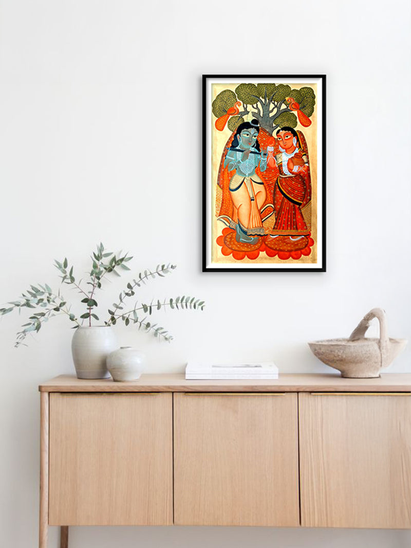 Radha-Krishna's Sacred Love in Kalighat Painting by Bapi Chitrakar