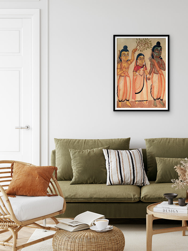 Ram, Sita & Laxman's Sacred Presence: Kalighat Art by Bapi Chitrakar
