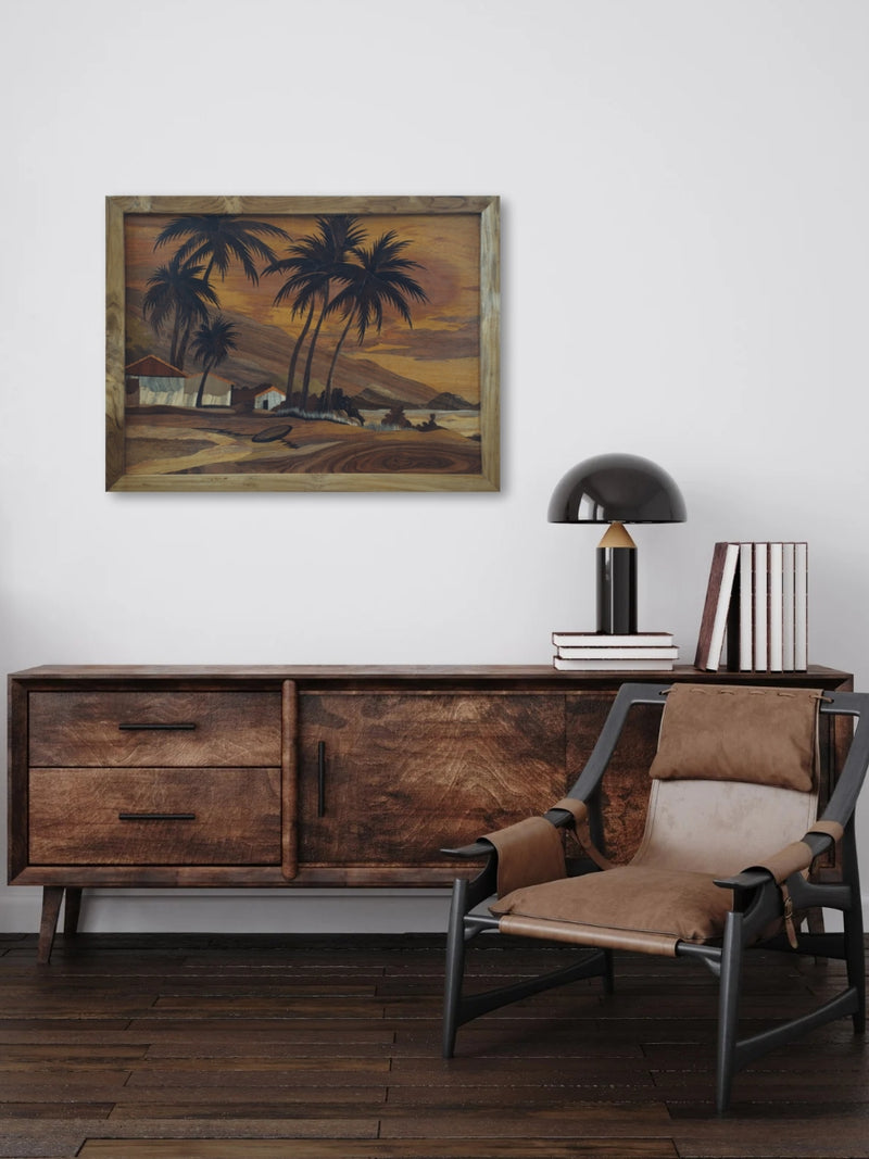 Serene coastal landscape in Mysore Rosewood Inlay by Mohan Kumar