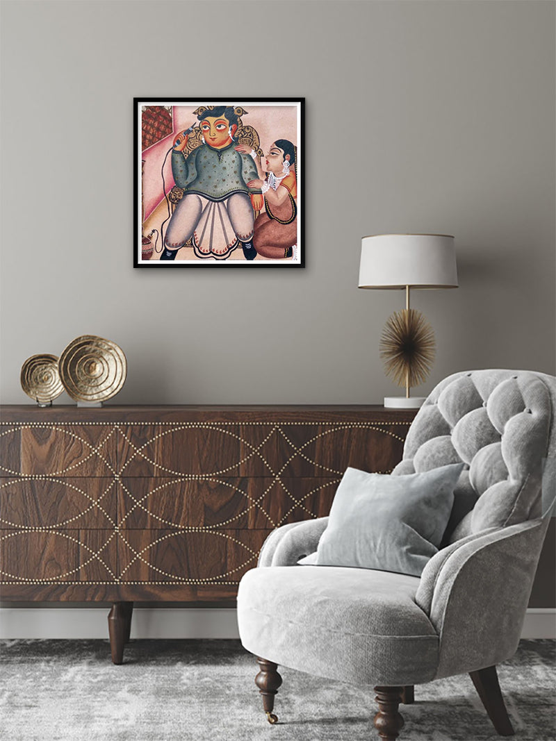 Babu with Hookah in Kalighat Painting by Bapi Chitrakar