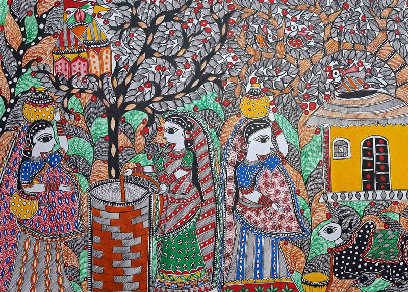 Depiction of women near the well: Madhubani by Vibhuti Nath for Sale