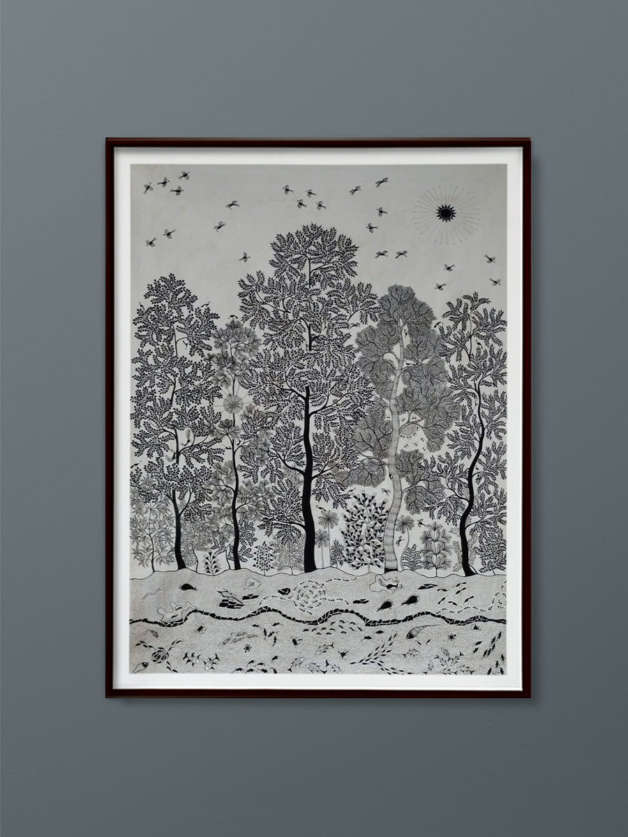 Dancing Sunbeams: A Warli Symphony in the Forest Warli painting by Dilip Rama Bahotha for sale