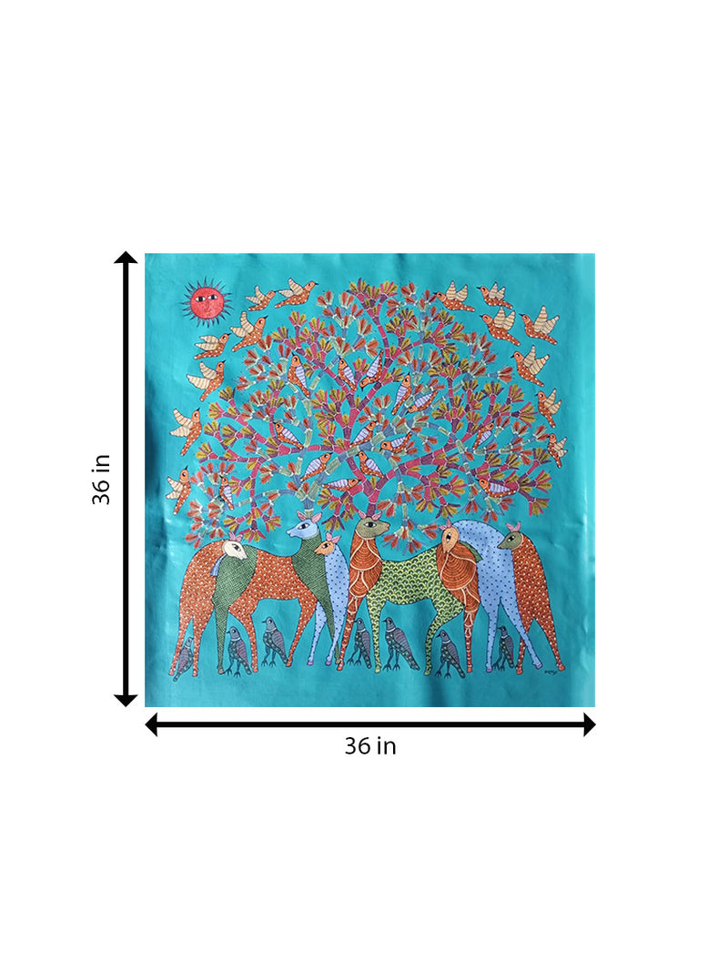 Deers and Birds in Gond by Braj Bhooshan Dhurwey For Sale