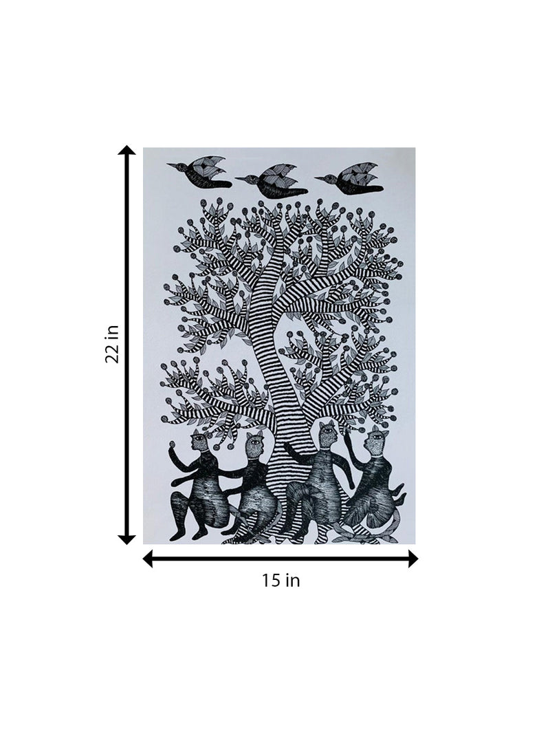 Monkey, Tree, and Bird – Gond Art by Saroj Venkat Shyam for Sale