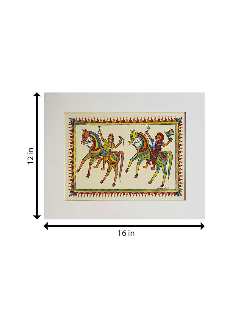 Baba Pithora and Pithora Rani Riding Horses in Pithora Art by Chanchal Soni 