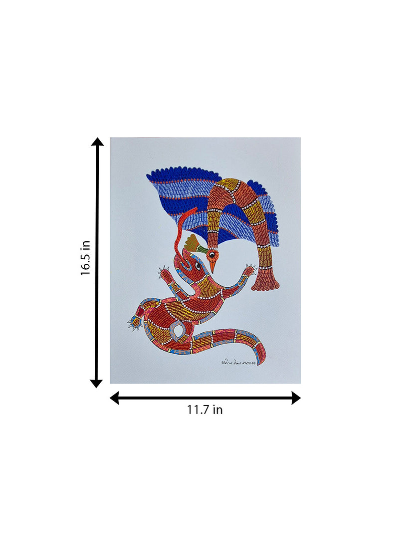 Reptile and peacock in Gond by Saroj Venkat Shyam for Sale