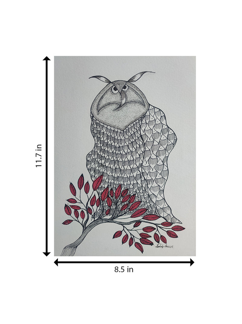 The Watchful Owl In Gond by Sandeep Dhurve