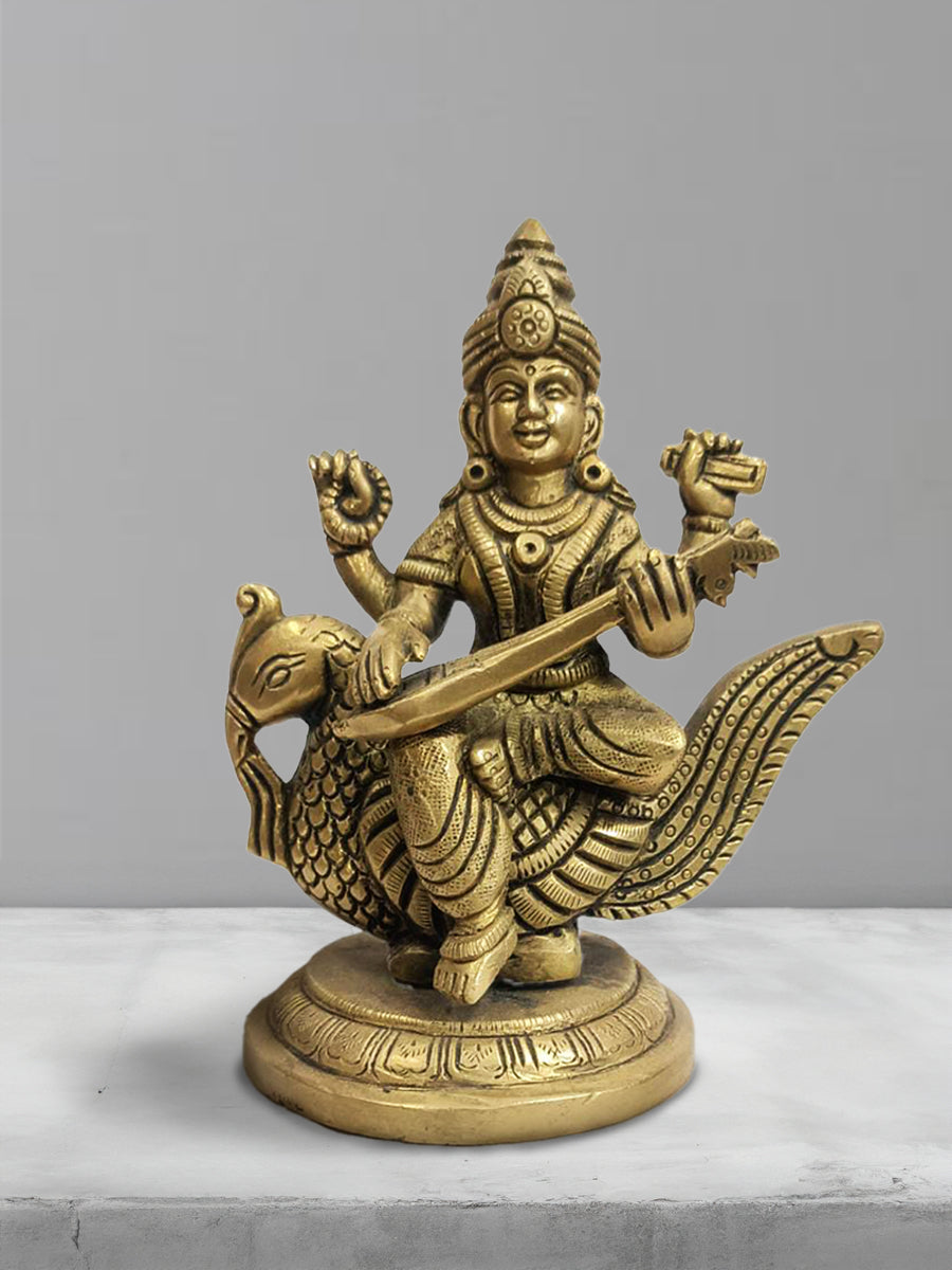 Maa Saraswati's depiction in Brass Work by Pannalal Soni for Sale (Front)