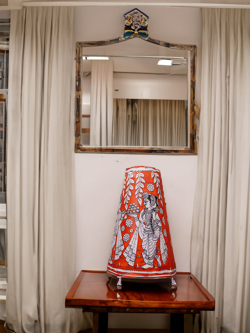 Elegantly Divine: Orange Radha Krishna Tholu Bommalata Tabletop Lamp by Kanday Anjanapp for sale
