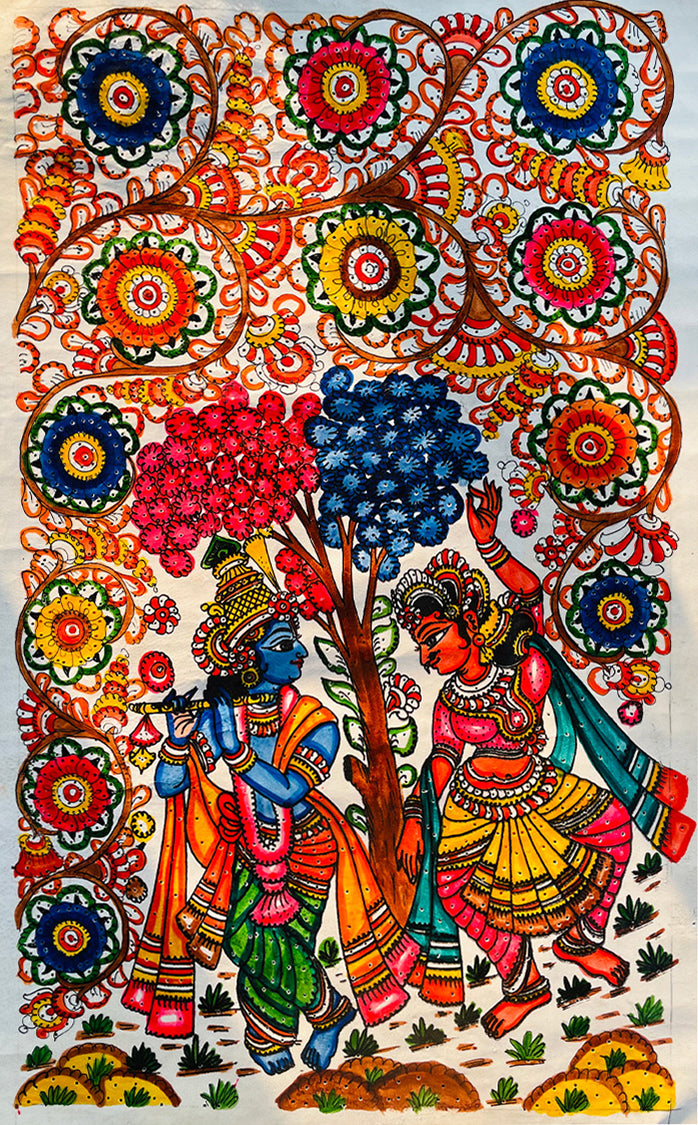 Shop now: Eternal Bliss, Radiant Radha Krishna Rasleela in Vrindavan Garden Tholu Bommalata Painting.