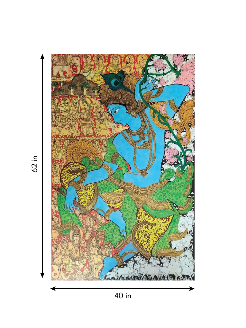 Dancing Krishna With Cows : Kalamkari painting by Harinath.N