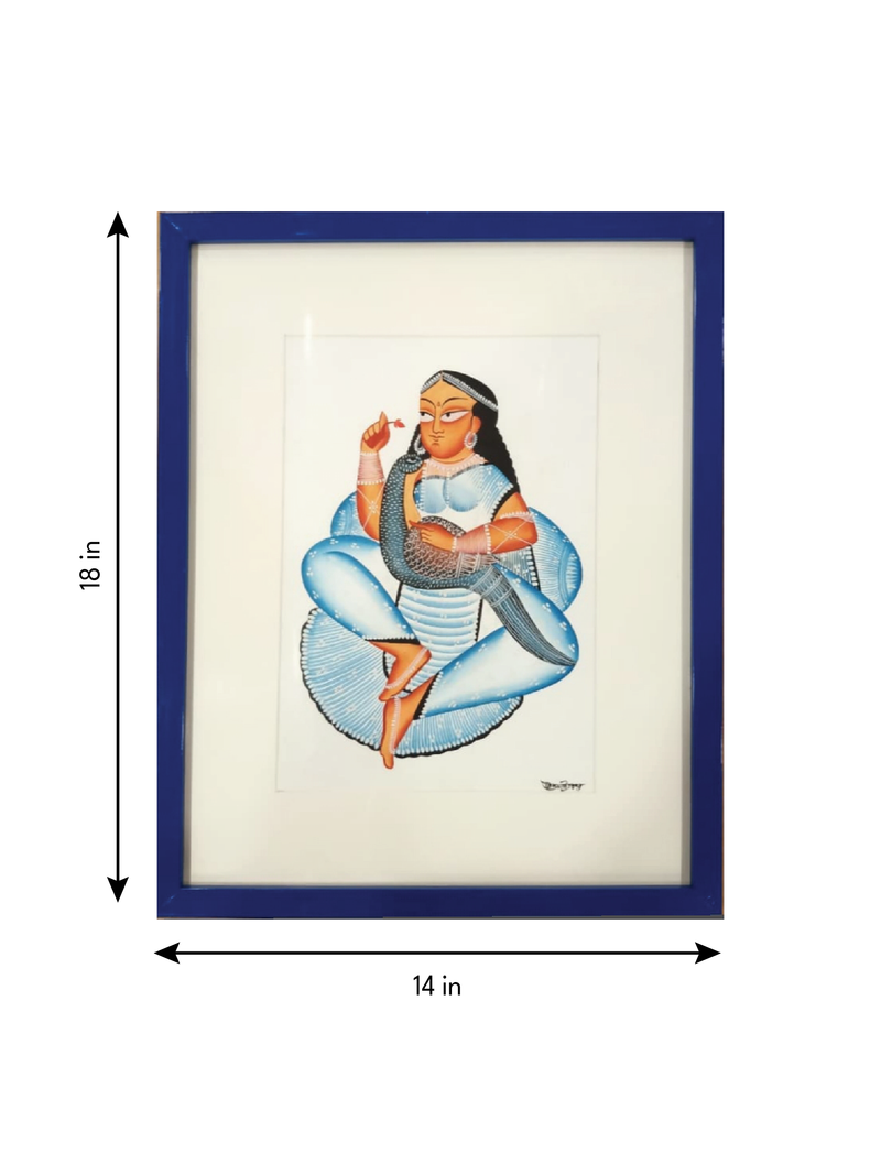 In Contemplation: Nayika (Heroine) and Peacock in Kalighat by Uttam Chitrakar