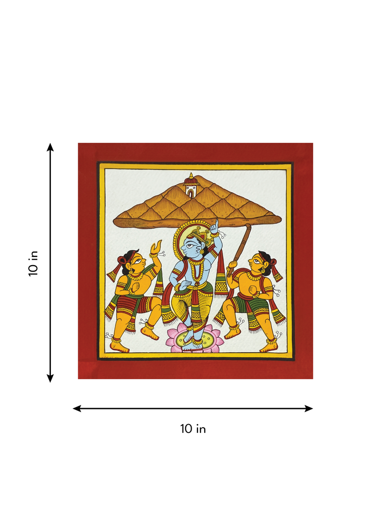 Krishna Lifting the Govardhan: Phad Painting by Kalyan Joshi