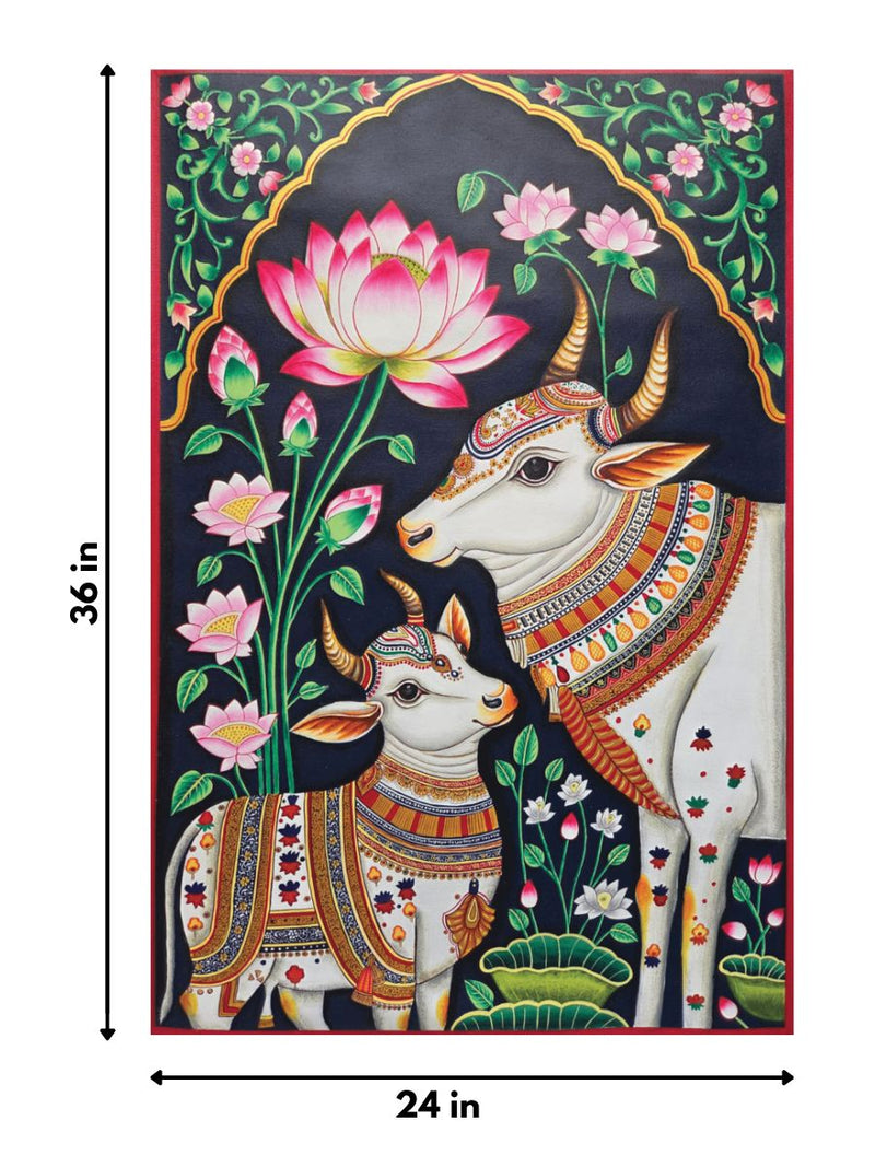 Krishna's companions: Cow and Calf in Pichwai painting by Shehzaad Ali Sherani