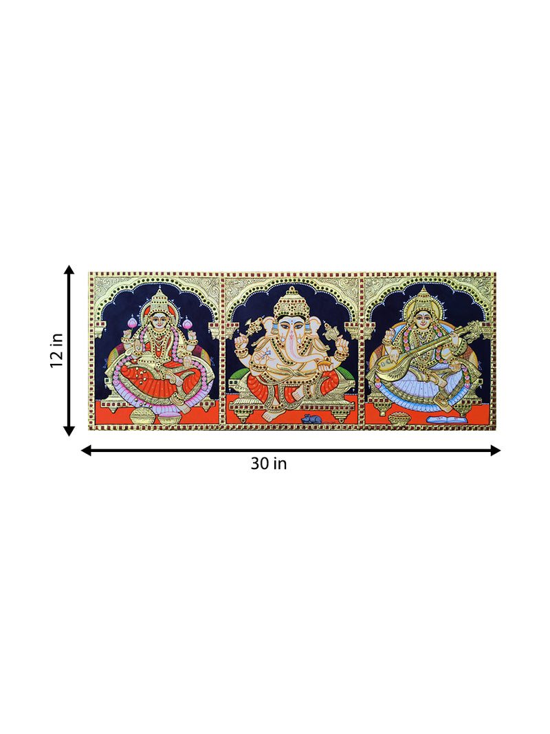 Lord Ganesha, Goddess Lakshmi and Goddess Saraswati: The Auspicious Trinity in Tanjore Art by Sanjay Tandekar