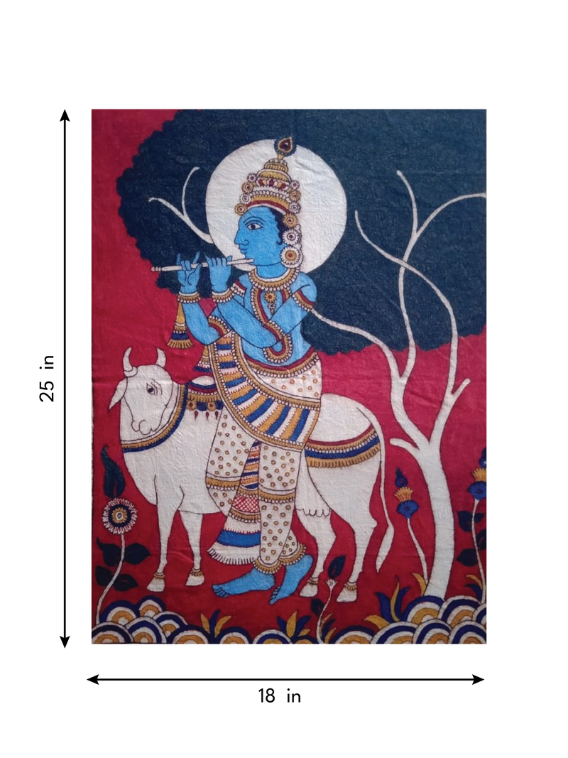 Lord Krishna with Sacred Cow in Kalamkari by Siva Reddy
