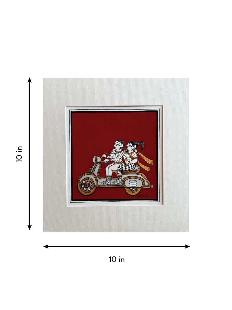 Modern Love: Lovers riding a Bike in Phad Painting by Kalyan Joshi