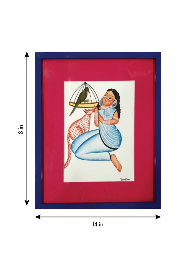Nayika (Heroine) with Bird and Animal in Kalighat by Uttam Chitrakar