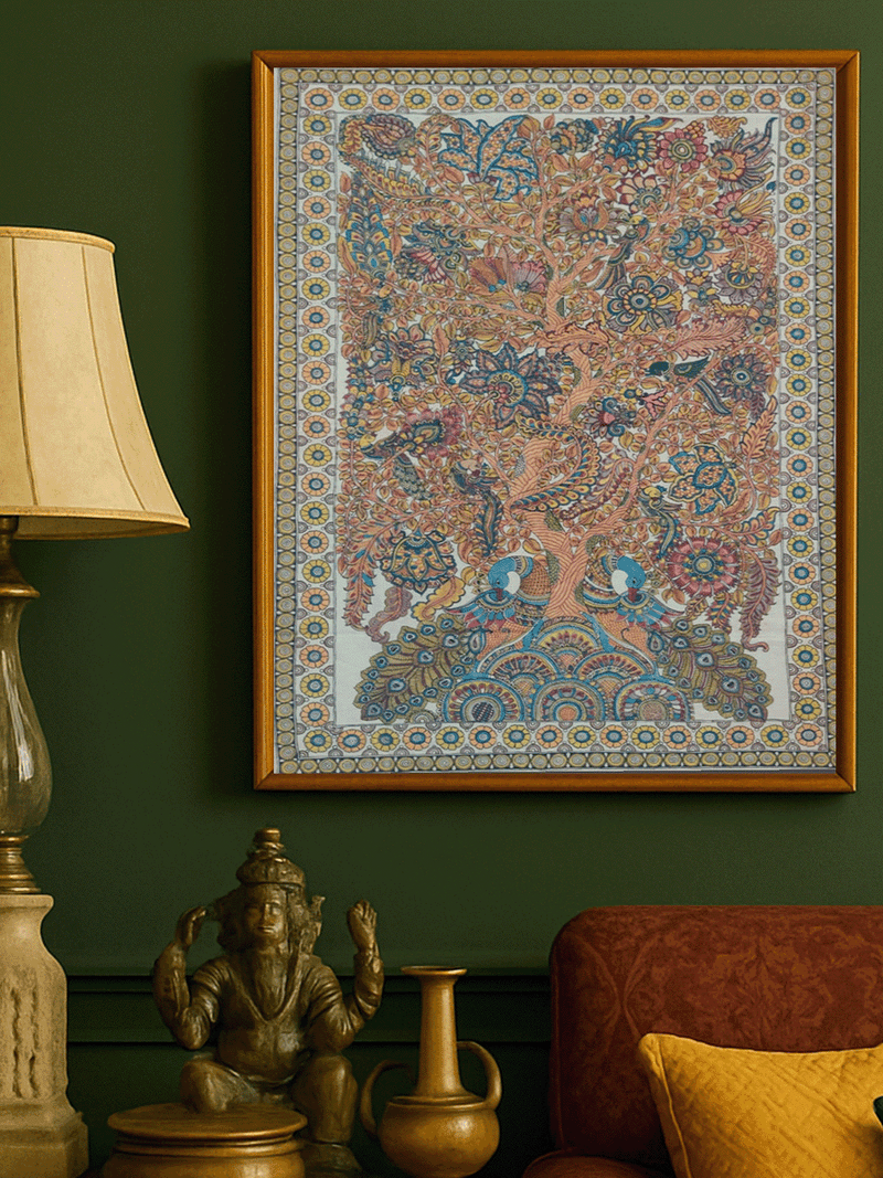 The Dance of Nature: Tree of life with Peacocks and Parrots in Kalamkari by Harinath N for sale
