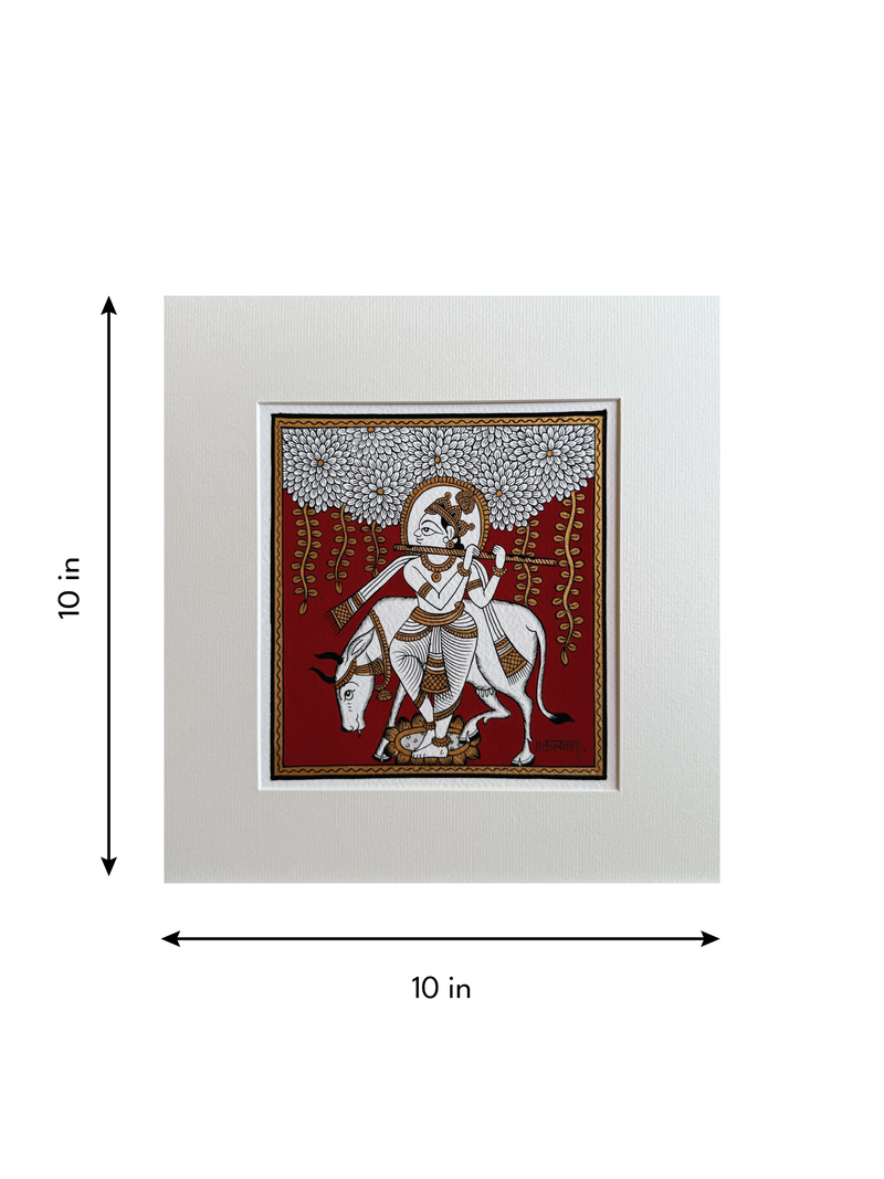 The Divine Flautist: Lord Krishna and the Sacred Cow in Phad Painting by Kalyan Joshi