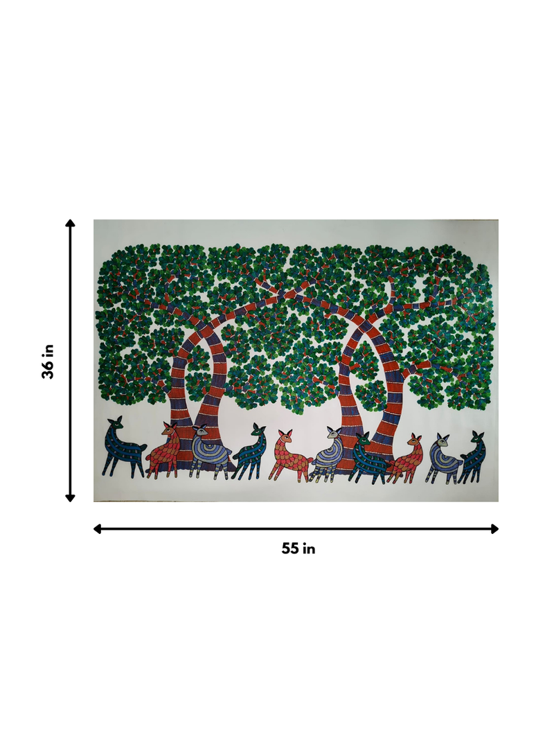 The Vibrant Herd: Trees and Deer in Gond Painting by Choti Tekam