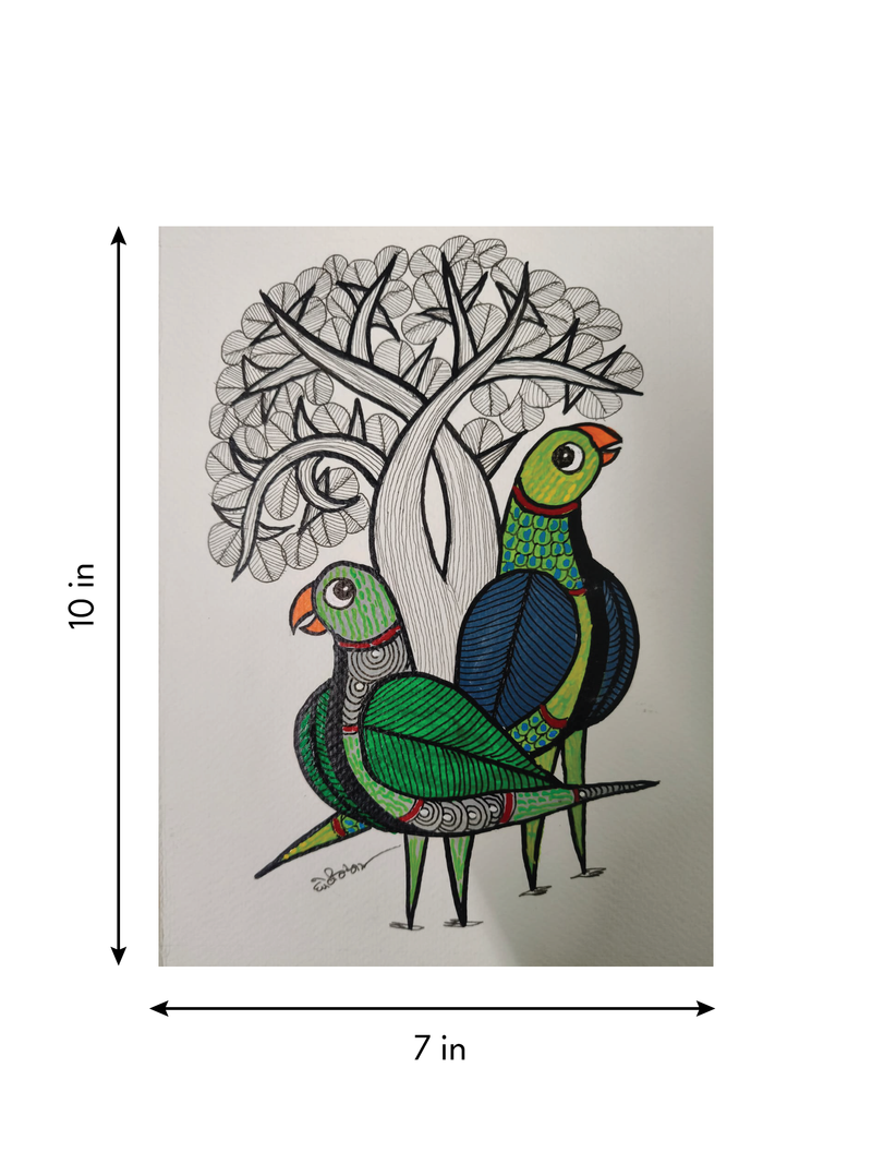 Under the Canopy: Pair of Parrots in Gond Art by Choti Tekam