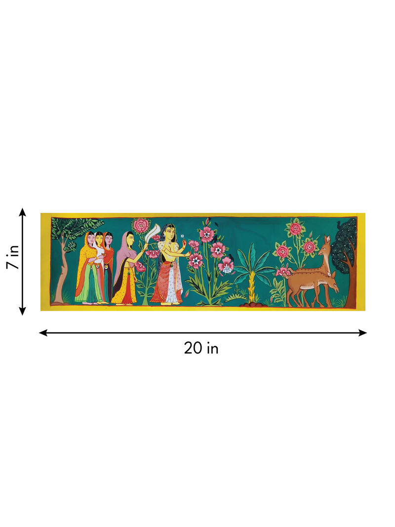 Usha with Attendants in Garden: A Manuscript Painting by Sujit Das