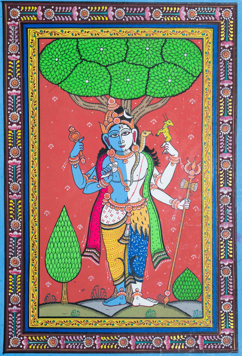 Obtain the Colorful Ardh Shiva-Vishnu Pattachitra Painting Amidst Nature's Splendor by buying it from the shop.