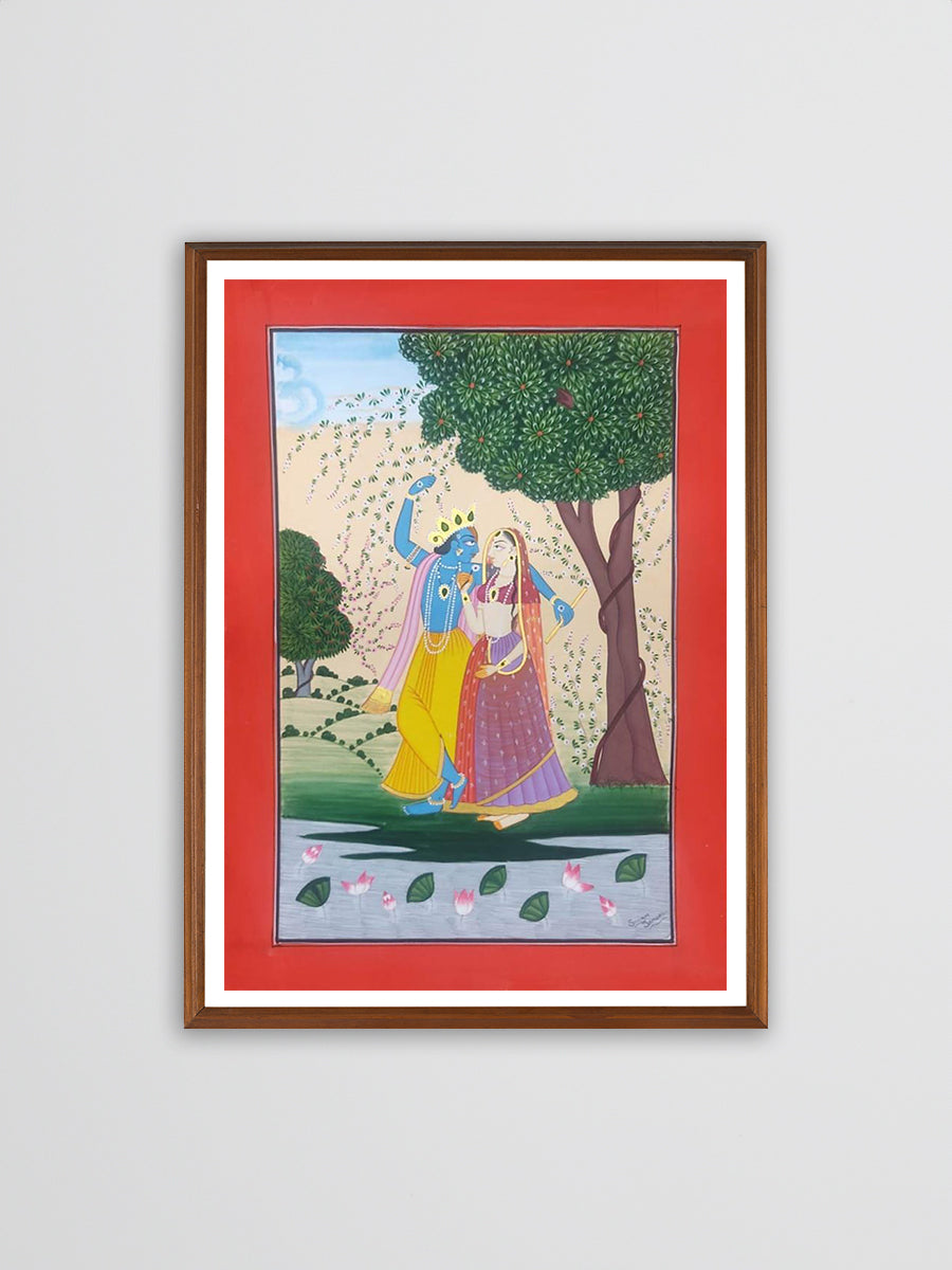 Melodies of Love: Lord Krishna's Divine Embrace Basohli Painting by Aastha Billowria  & Shivakshi Sharma for sale