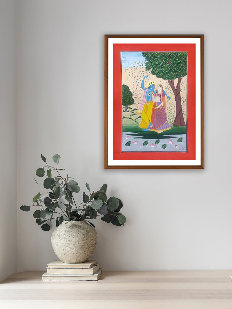 Purchase Melodies of Love: Lord Krishna's Divine Embrace Basohli Painting by Aastha Billowria  & Shivakshi Sharma