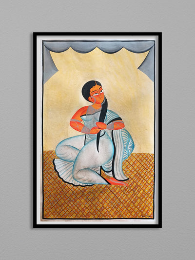 A Woman Twirling her hair: Kalighat painting by Uttam Chitrakar for Sale