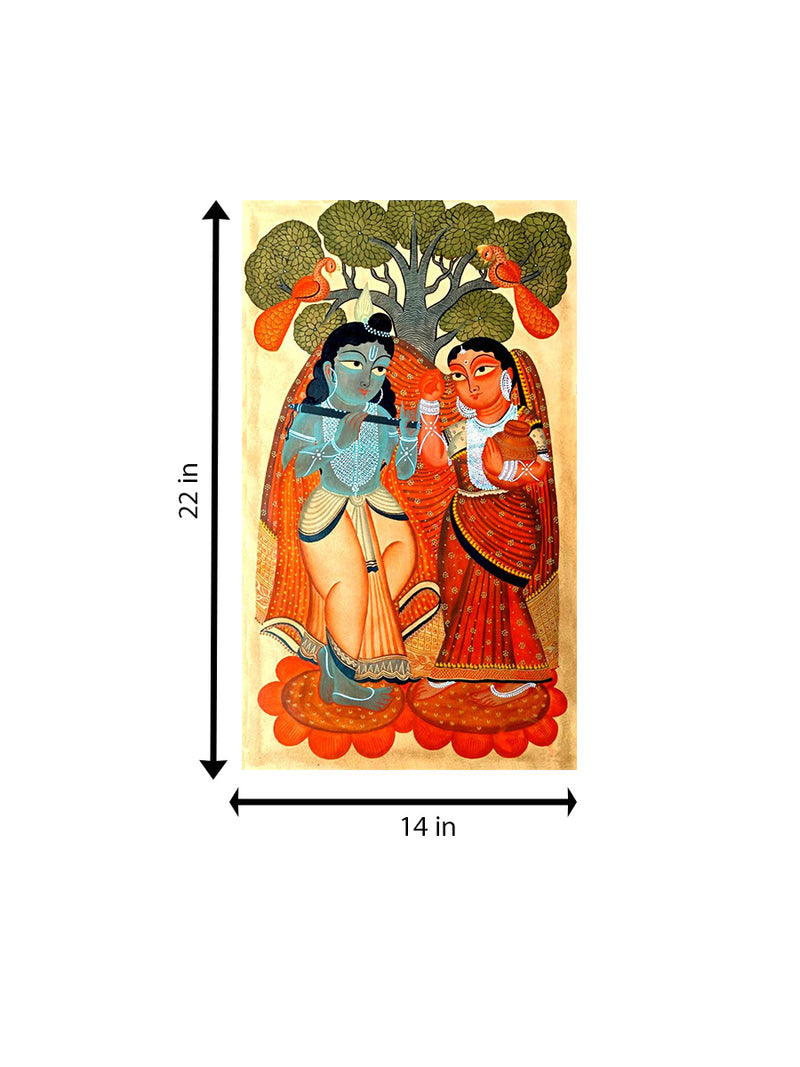 Radha-Krishna's Sacred Love in Kalighat Painting for sale
